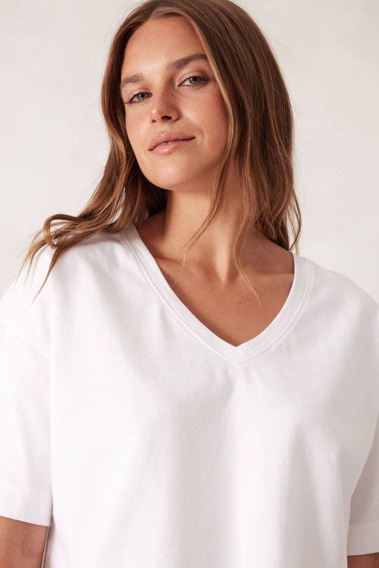 Boxy V Neck White Tee