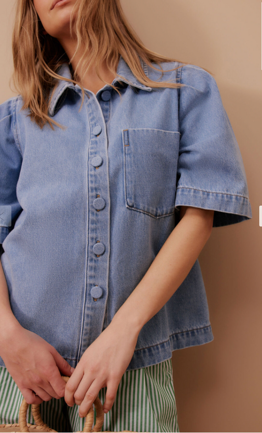 Dylan Pleat Sleeve Denim Shirt - Vintage Blue