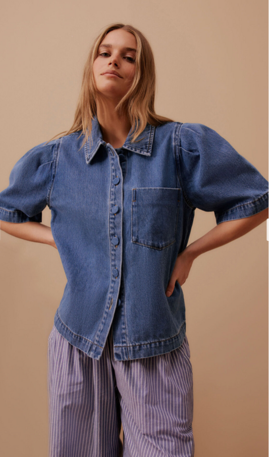 Dylan Pleat Sleeve Denim Shirt - Fresh Indigo