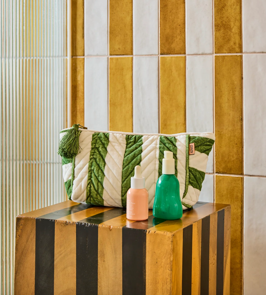 Moss Stripe Velvet Toiletry Bag
