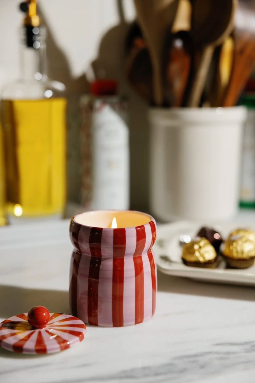 Red/Pink Striped Ceramic Candle With Lid - Pink Peppermint