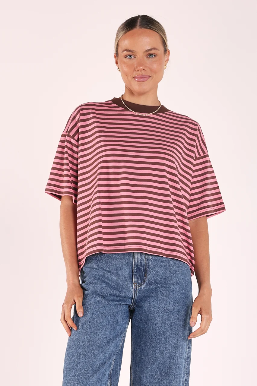 Carter Boxy Tee Pink Chocolate Stripe