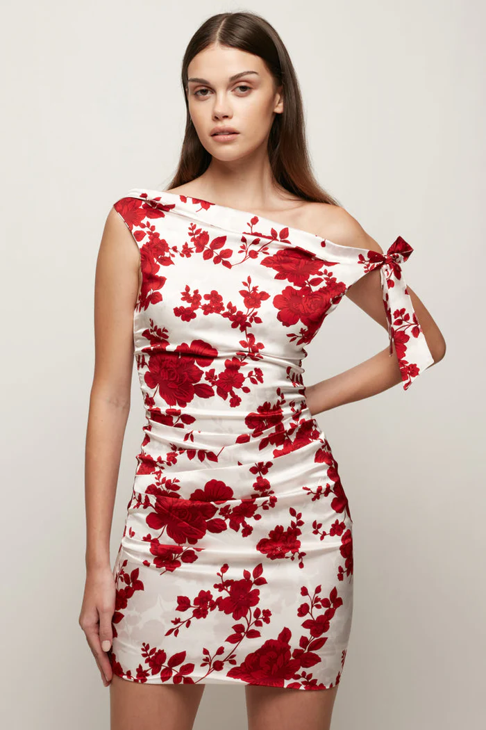Ruched One Shoulder Mini Red Veil
