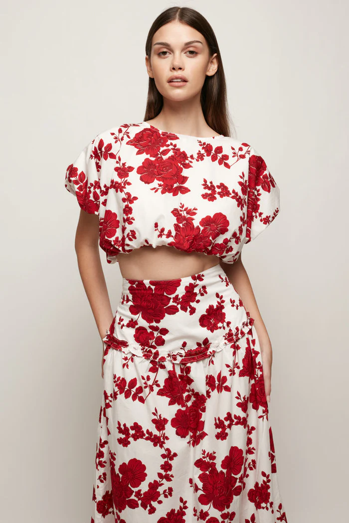 High Waisted Gathered Maxi Skirt Red Veil