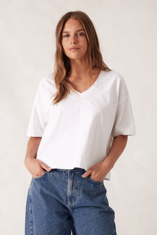 Boxy V Neck White Tee
