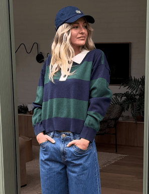 Long Sleeve Rugby Knit Pine Green & Navy Stripe