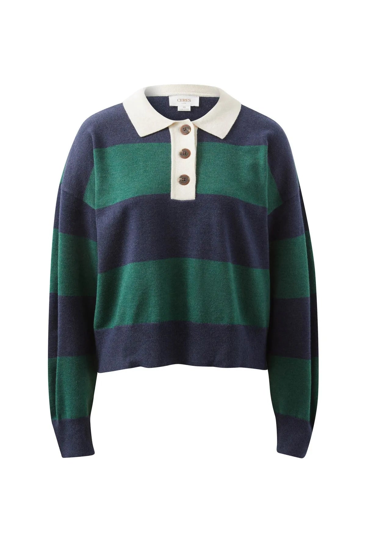 Long Sleeve Rugby Knit Pine Green & Navy Stripe