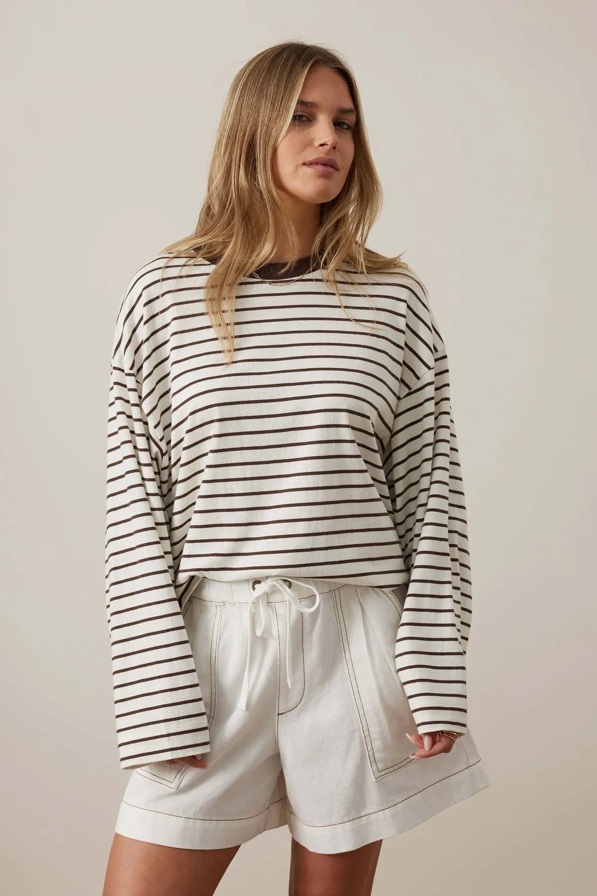 Beau Long Sleeve Slouchy Tee Milk Brunette Stripe