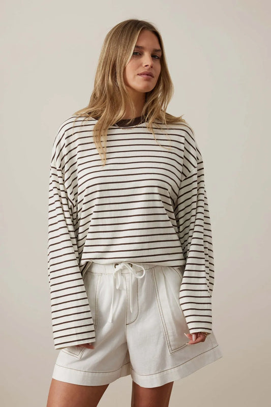 Beau Long Sleeve Slouchy Tee Milk Brunette Stripe