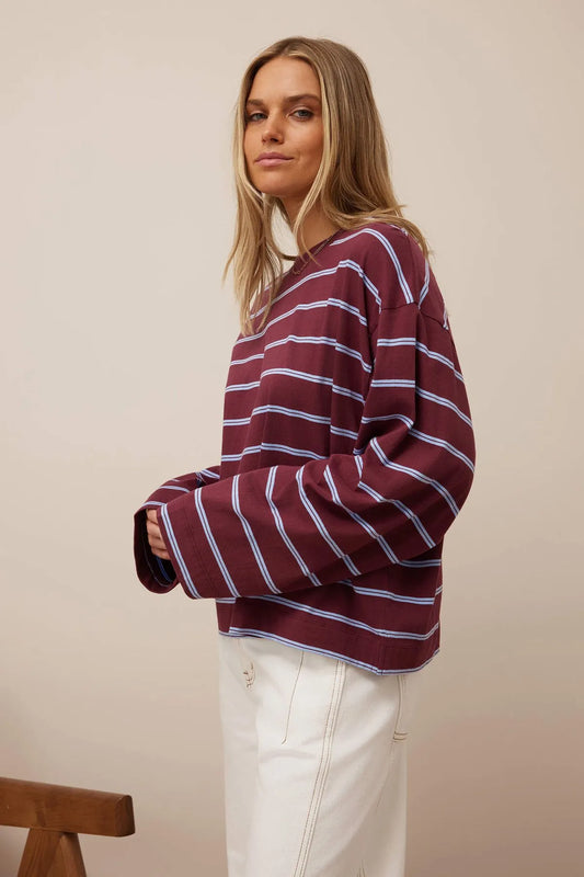 Beau Long Sleeve Slouchy Tee washed burgundy/sky blue