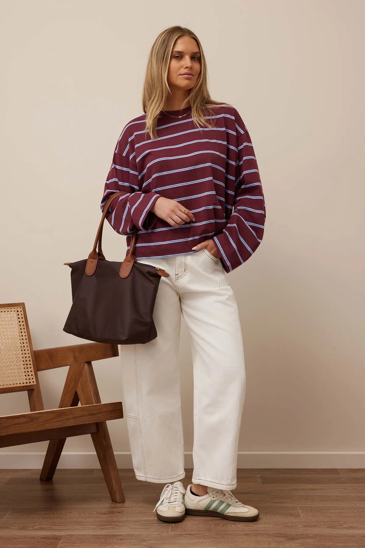 Beau Long Sleeve Slouchy Tee washed burgundy/sky blue
