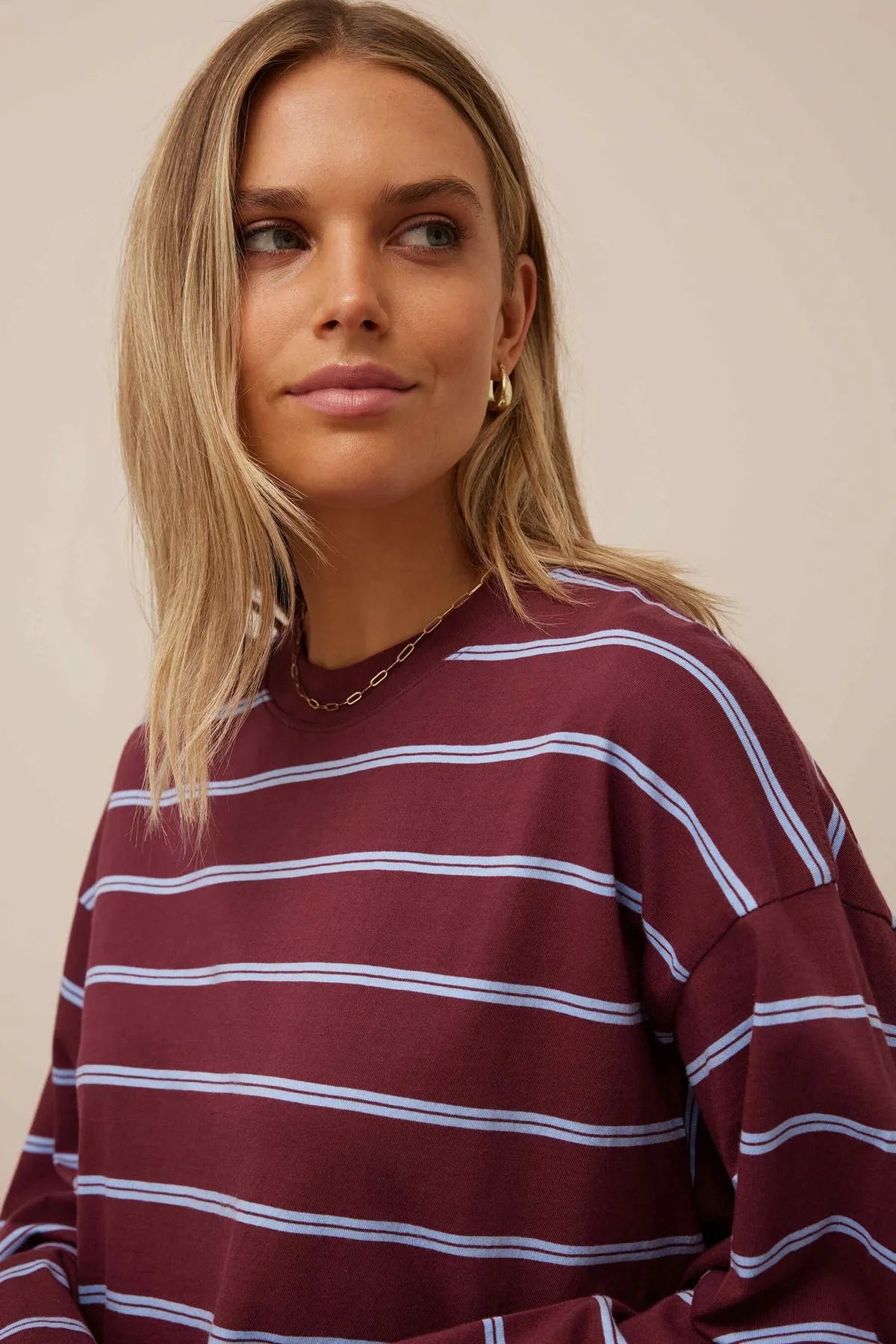 Beau Long Sleeve Slouchy Tee washed burgundy/sky blue