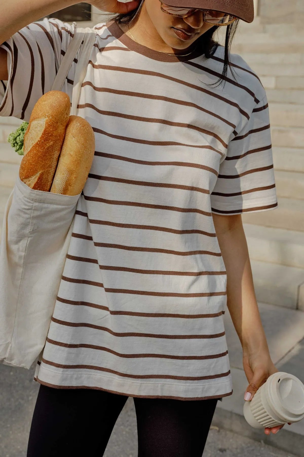 Lola Longline Step Hem Tee Buff Stripe