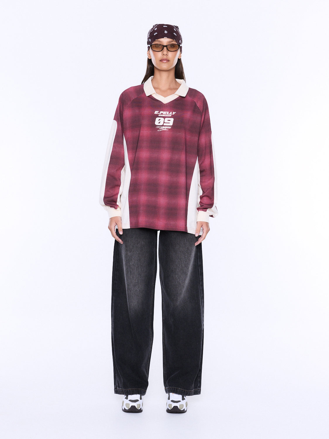 Josie Long Sleeve Polo Burgundy Check
