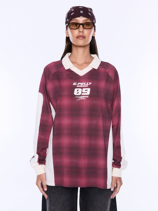 Josie Long Sleeve Polo Burgundy Check