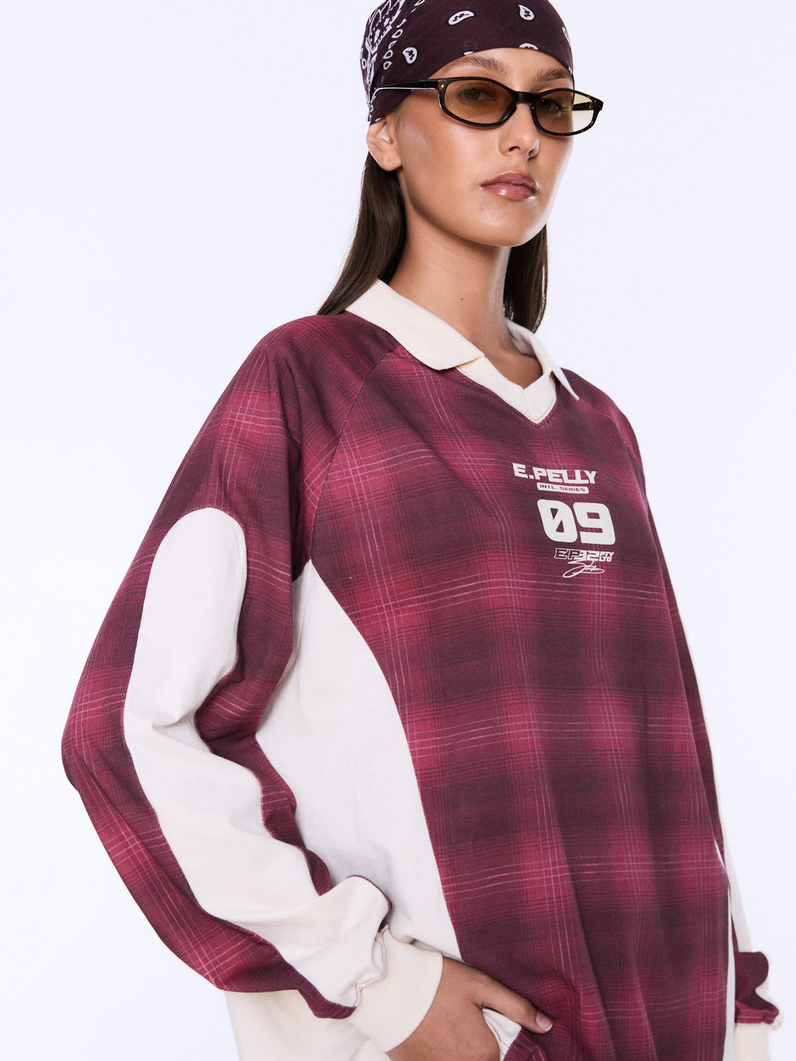 Josie Long Sleeve Polo Burgundy Check