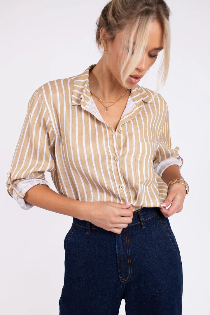 Tan Stripe Boyfriend Shirt