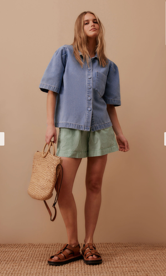 Dylan Pleat Sleeve Denim Shirt - Vintage Blue