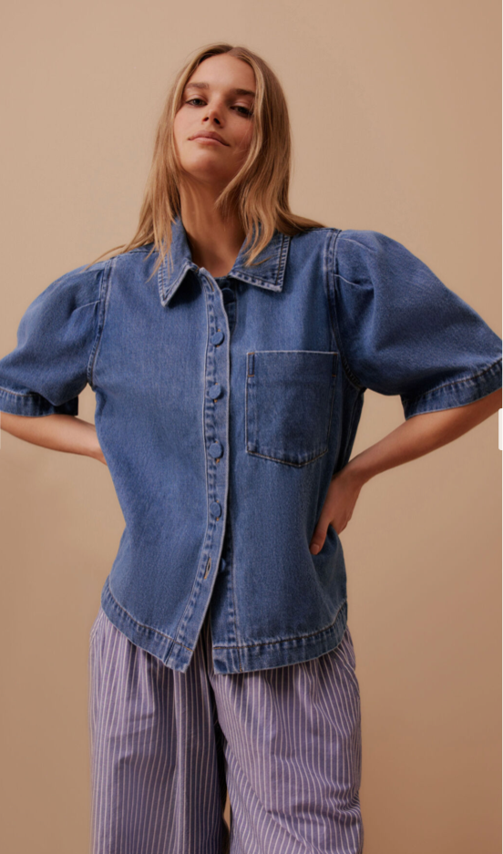 Dylan Pleat Sleeve Denim Shirt - Fresh Indigo