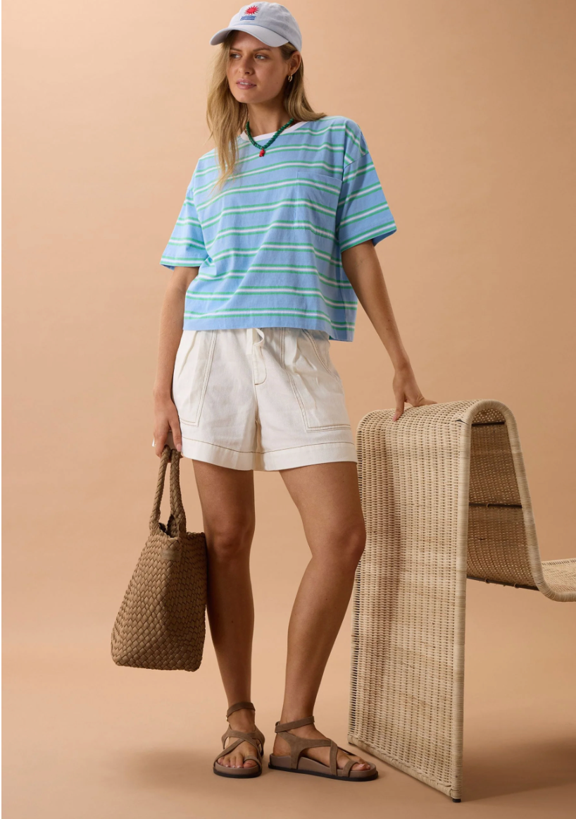 Boxy Pocket Tee Powder Zesty Green Stripe