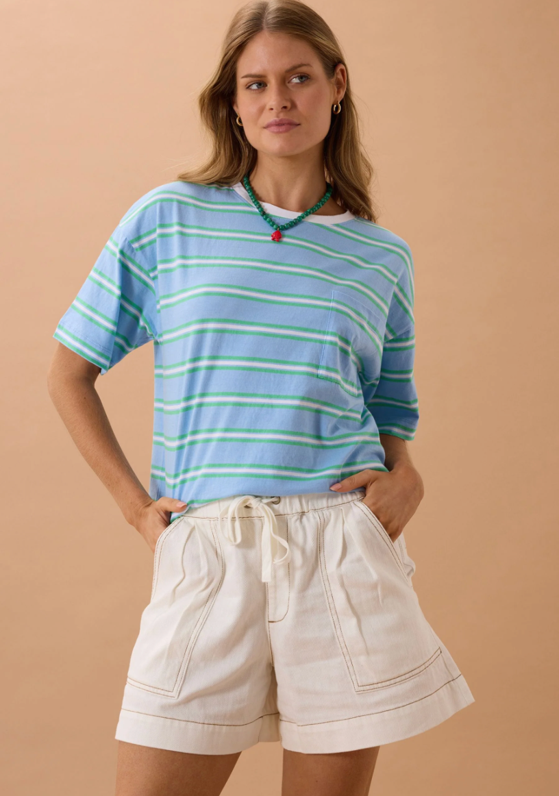Boxy Pocket Tee Powder Zesty Green Stripe