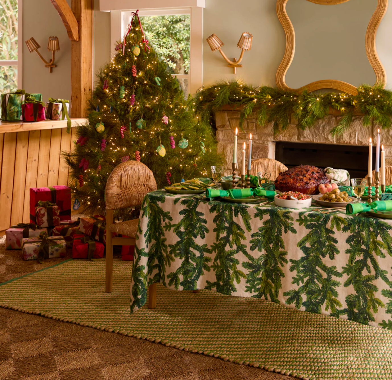 Festive Foliage Green Linen Tablecloth Large