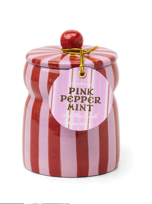 Red/Pink Striped Ceramic Candle With Lid - Pink Peppermint
