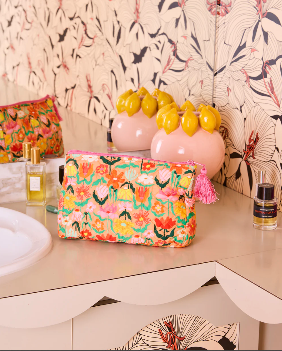 Popping Flowers Peach Quilted Cotton Toiletry Purse