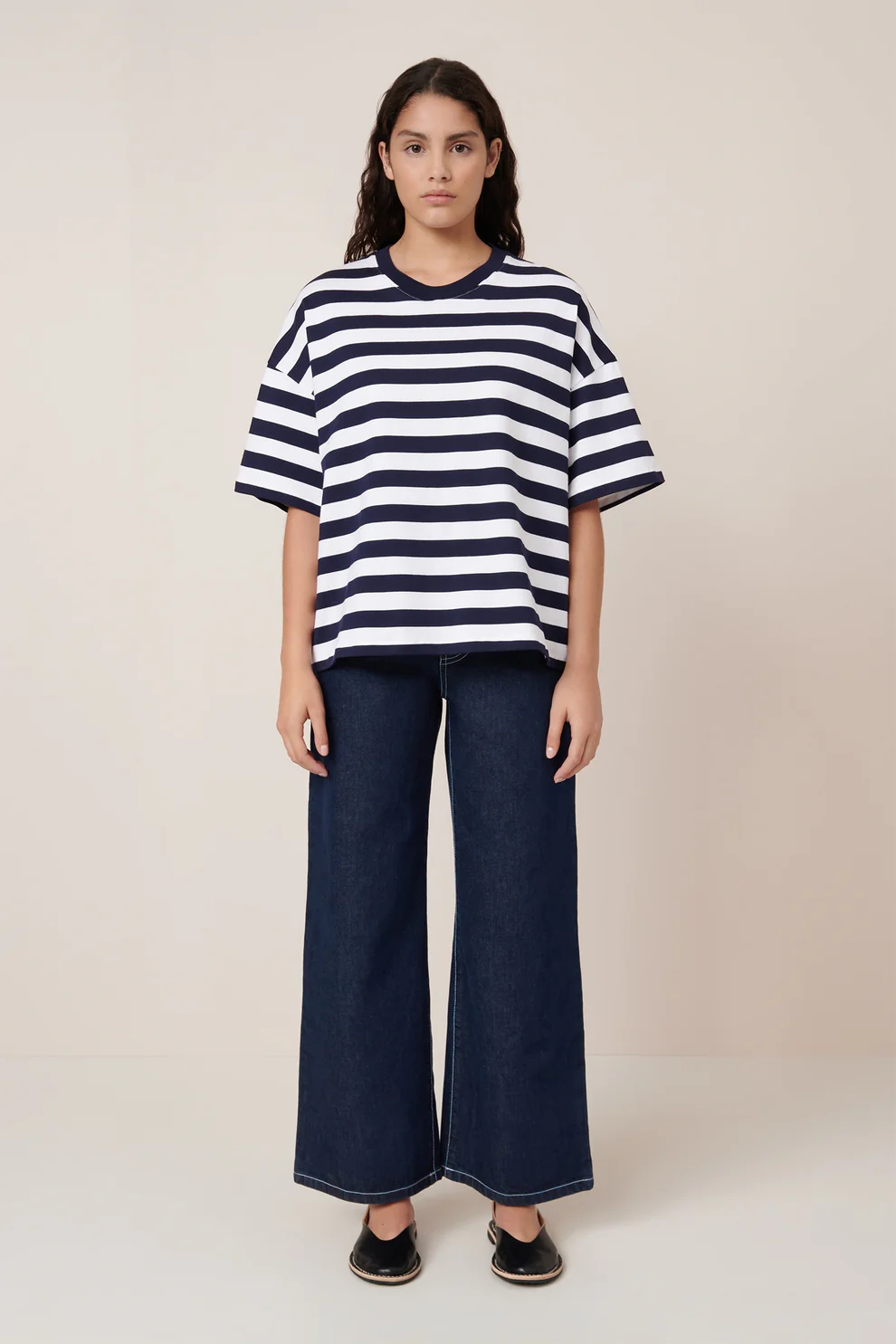 Oversized Boxy Tee Navy White Stripe