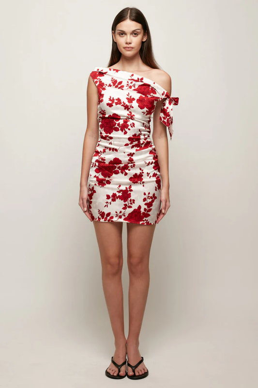 Ruched One Shoulder Mini Red Veil