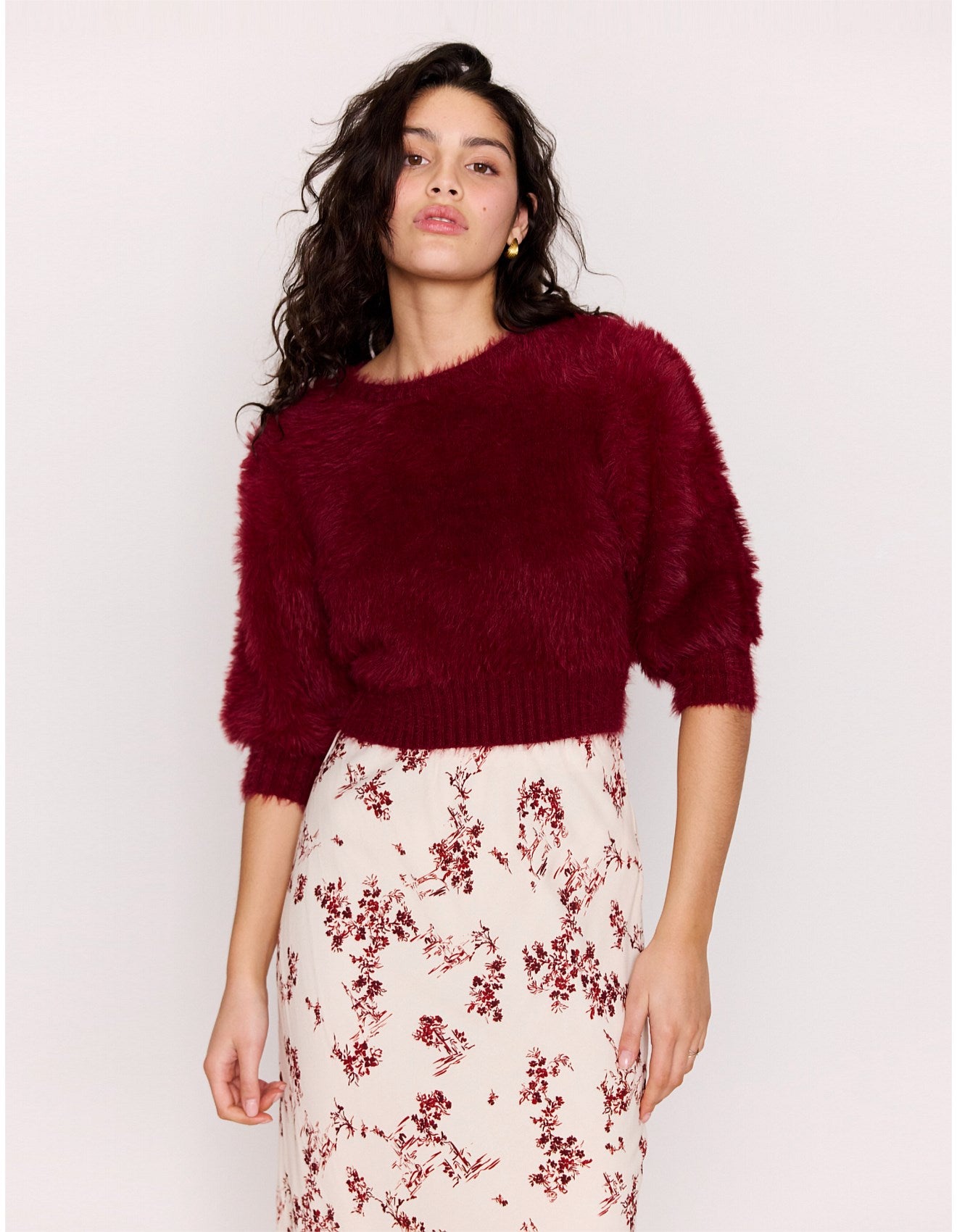 Lola Fluffy Knit Top Dark Red