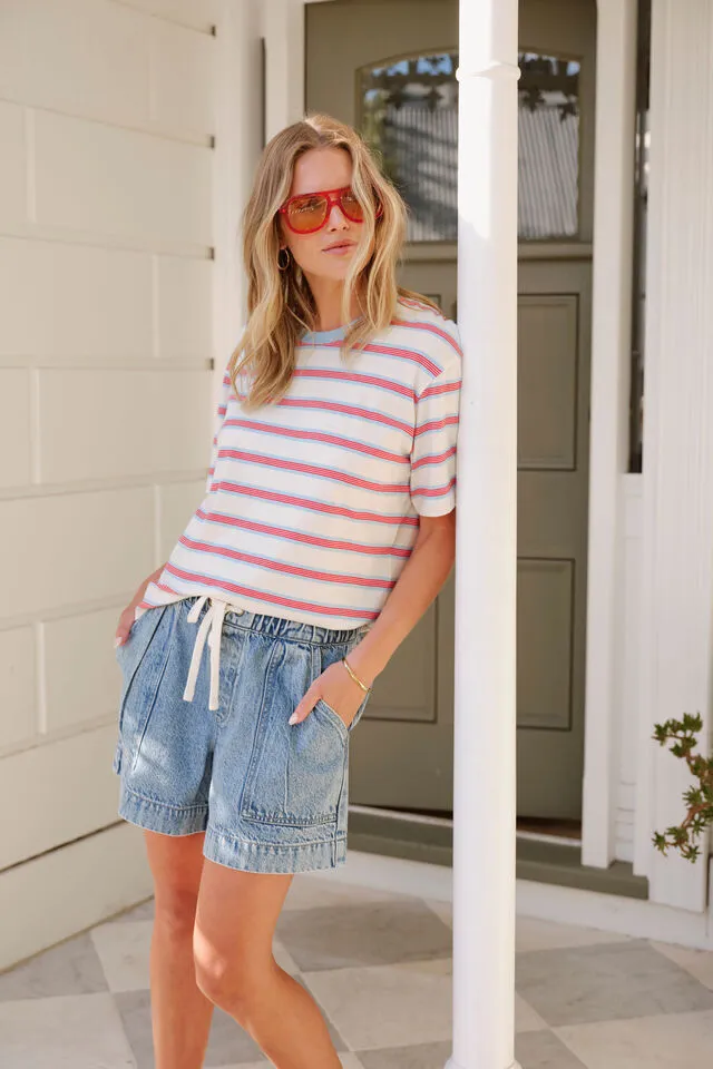 Stevie Slouchy Tee Milk Fresh Blue Red Stripe
