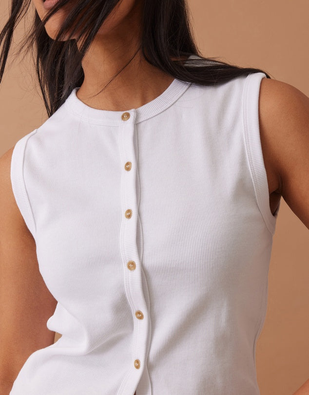 Lyla Button Through Rib Tank White