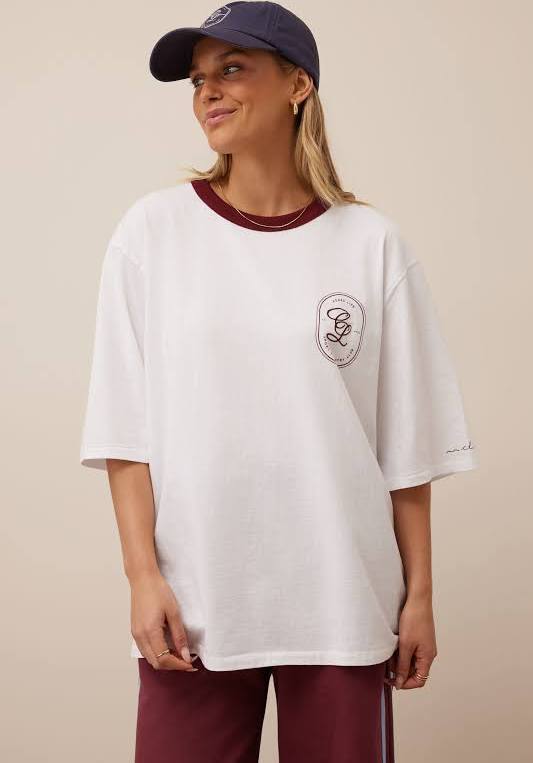 Liv Oversized Tee White Burgundy Sport Club