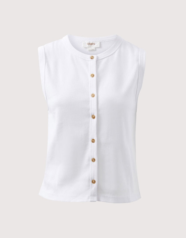 Lyla Button Through Rib Tank White