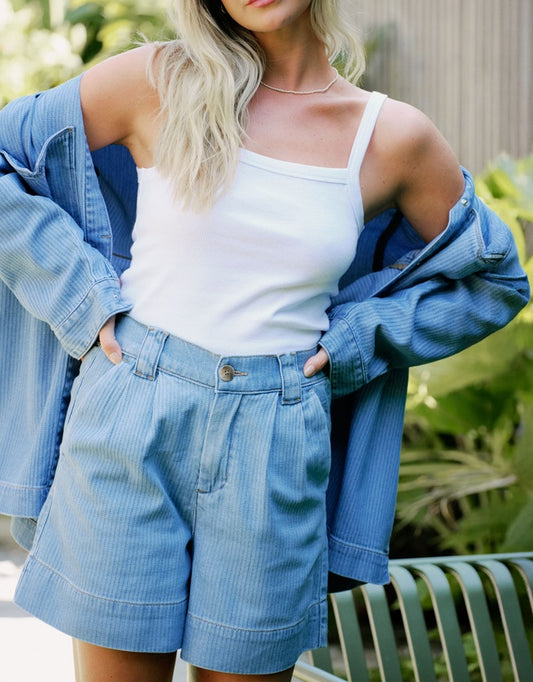 Pleat Front Short - Blue Herringbone