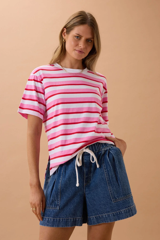 Stevie Slouchy Tee Hibiscus Heritage Red Strip