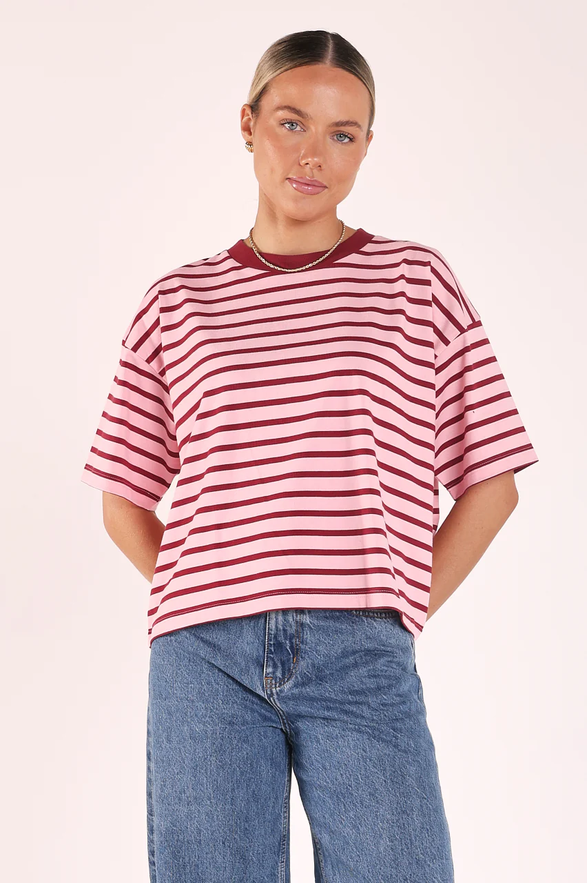 Carter Boxy Tee Pink Burgundy Stripe