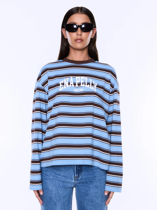 Maria Boxy Long Sleeve Tee- Blue/brown