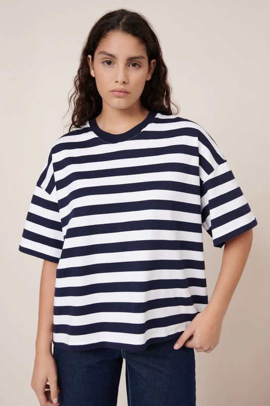 Oversized Boxy Tee Navy White Stripe